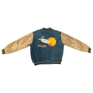 XXL Star Trek Voyager Leather Blue and Beige Varsity Bomber Jacket Zip-Up Unisex